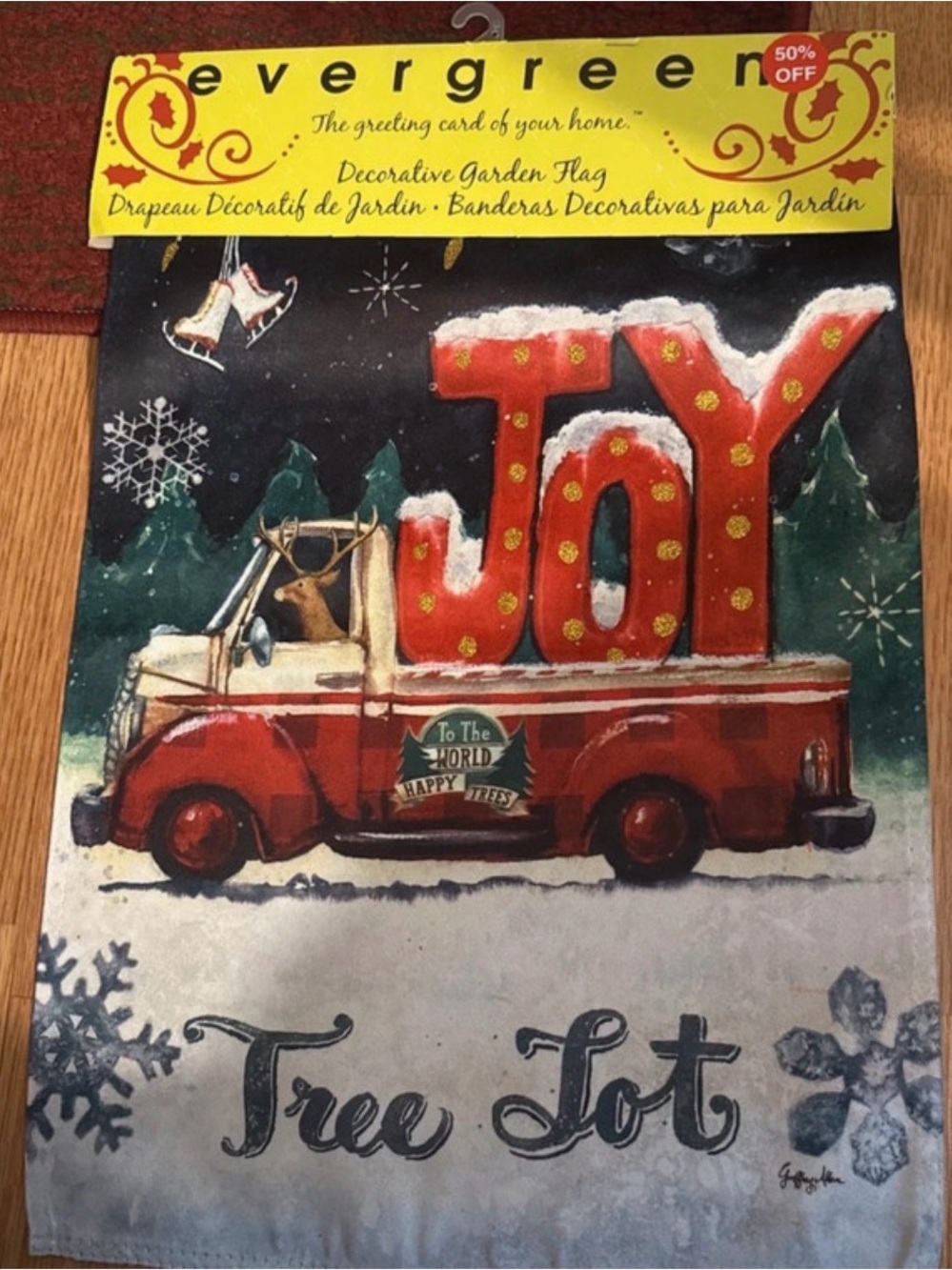 Red JOY Truck Garden Flag - Kids Toys Holiday Decor
